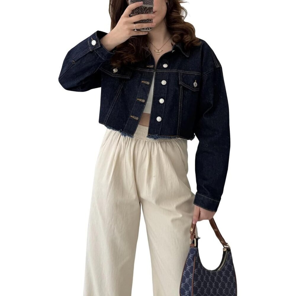 Women's Cropped Jean Denim Jackets Button Down Long Sleeve Jacket Dark Blue-b